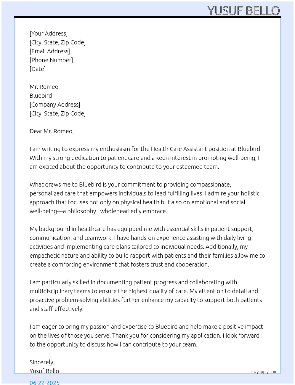 Health Care Assistant At Bluebird Cover Letter
