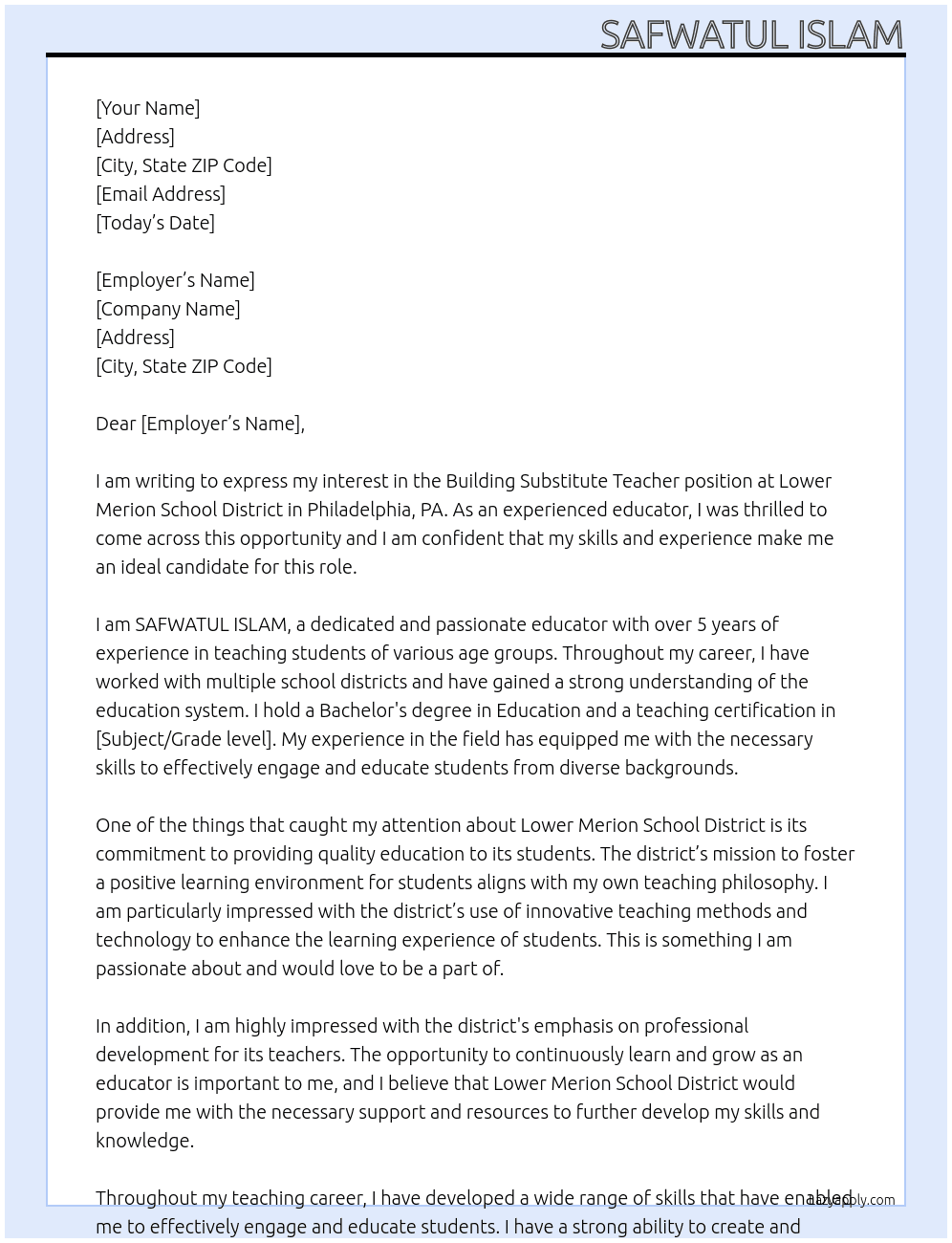 Building Substitute Teacher At Lower Merion School District Philadelphia, PA Cover Letter