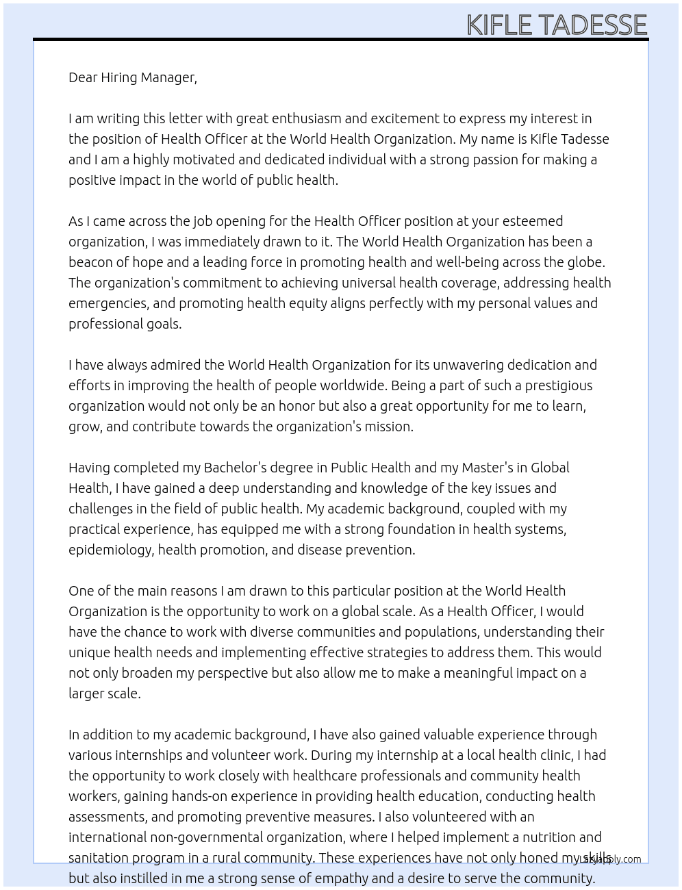Health Officer At World Health Organization Cover Letter