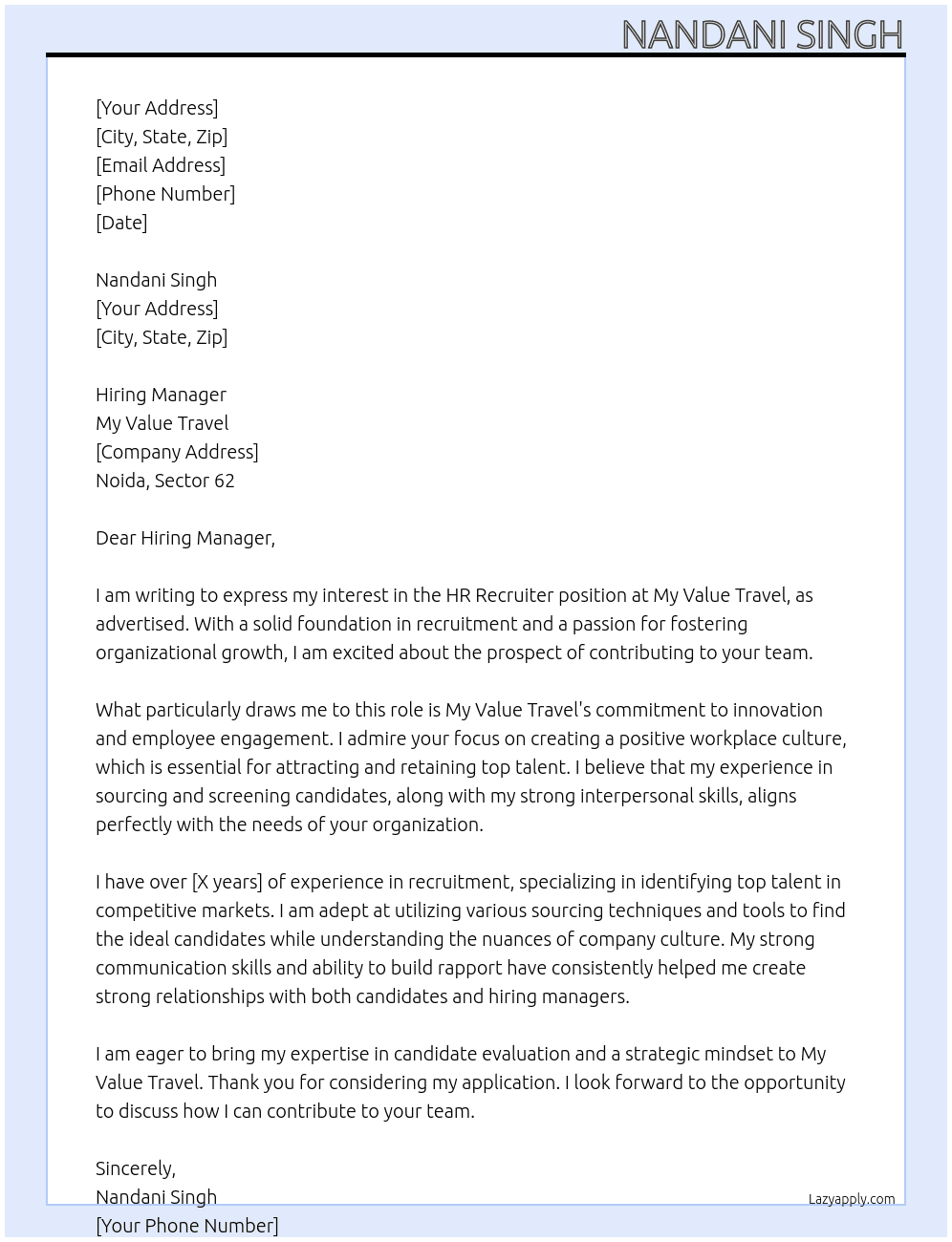 Hr Recruiter  At My Value Travel  Cover Letter