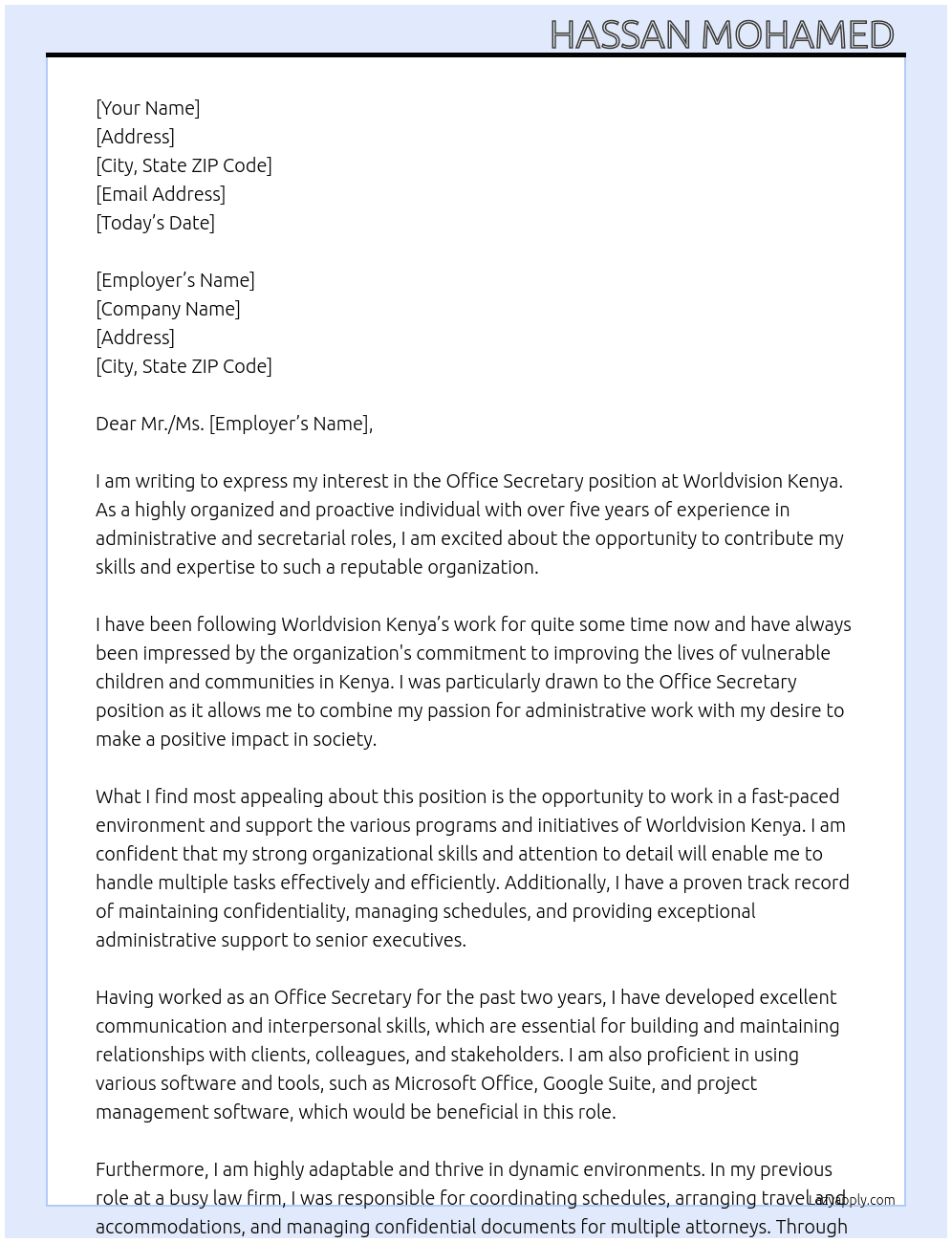 Office secretary  At Worldvision kenya  Cover Letter
