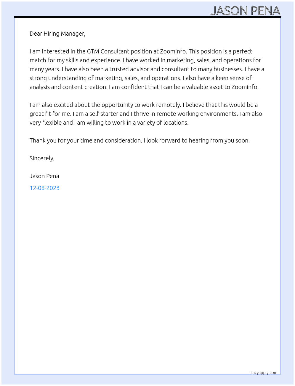 GTM Consultant At Zoominfo Cover Letter