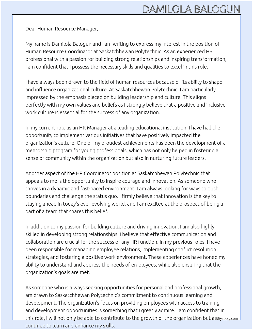Human Resource Coordinator At Saskatchhewan Polytechnic Cover Letter