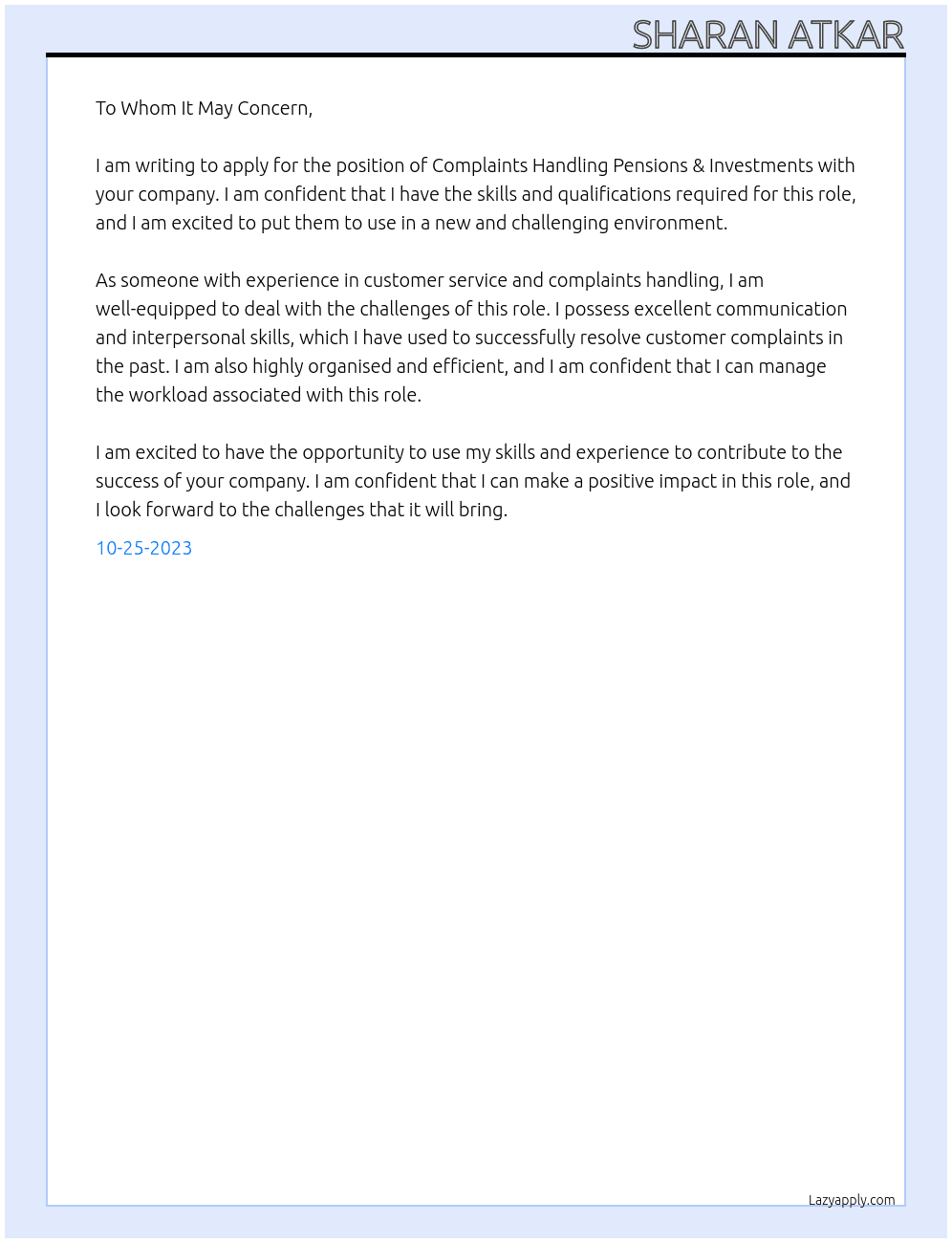 Complaints Handling Pensions & Investments At Big 4 organisation  Cover Letter