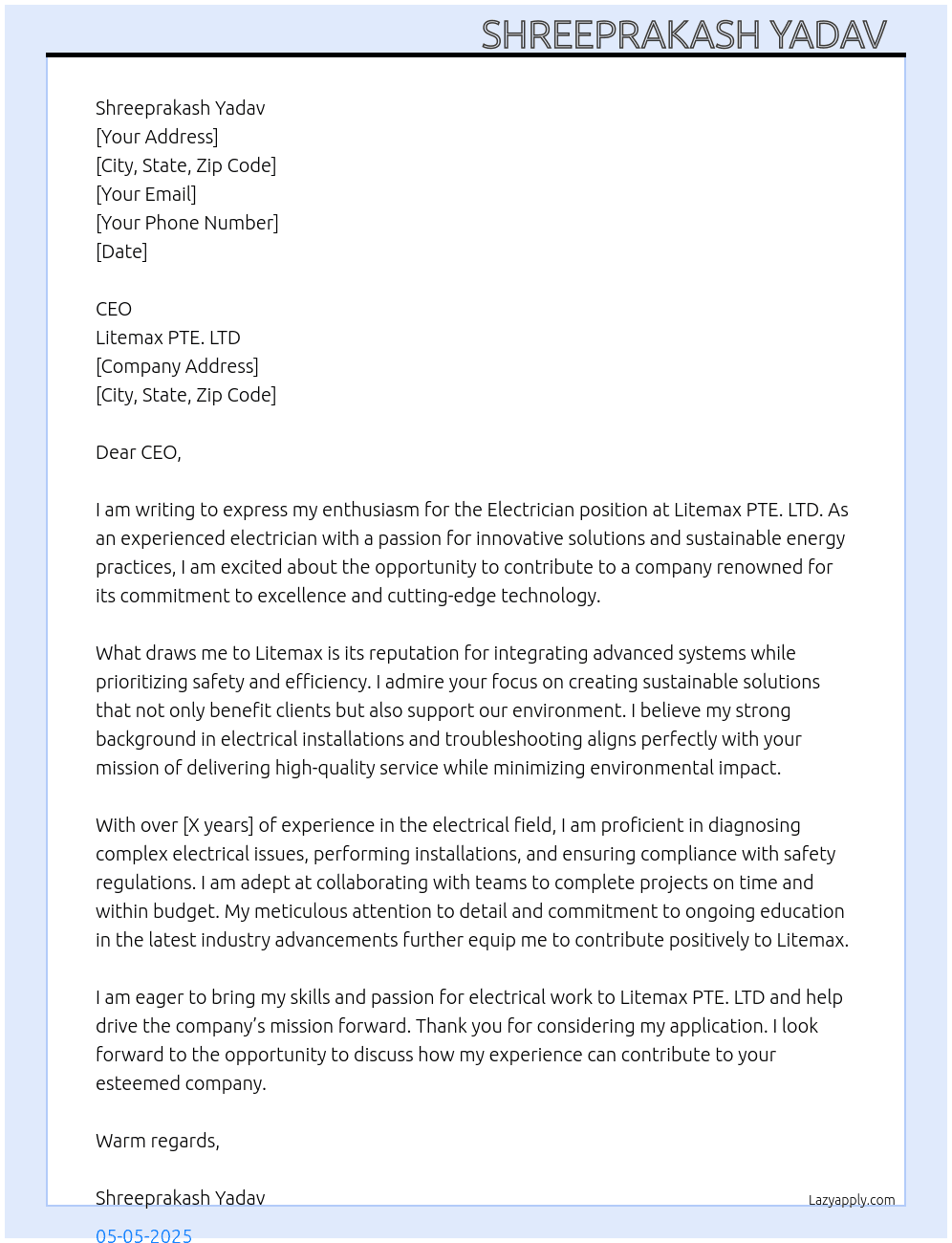 Electrician At Litemax PTE. LTD Cover Letter