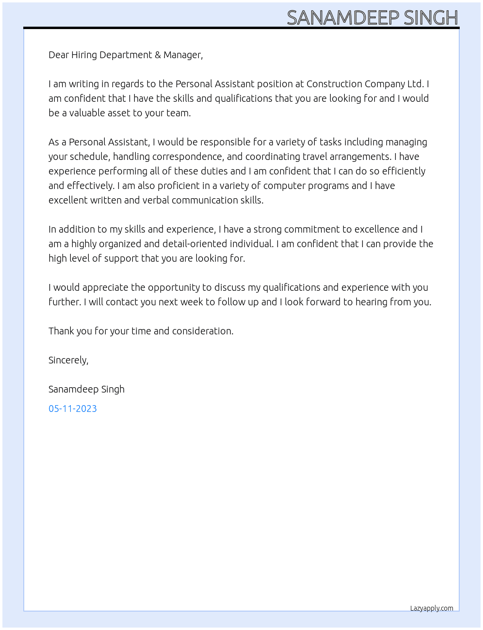Personal Assistant   At  Construction Company Ltd Cover Letter