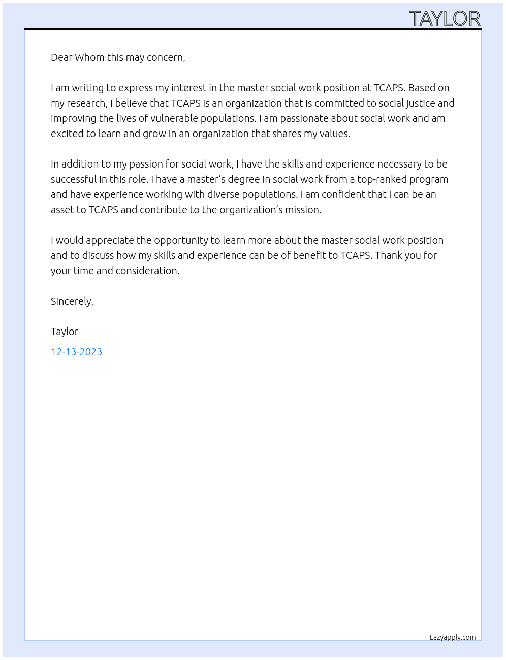 master social work At TCAPS Cover Letter