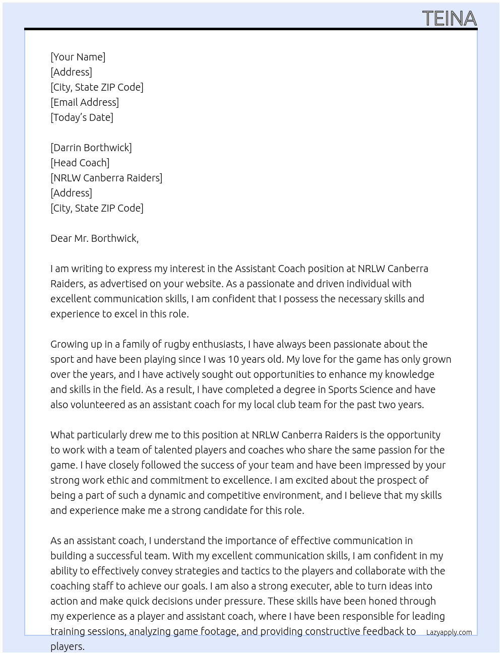 Assistant coach At NRLW Canberra Raiders Cover Letter