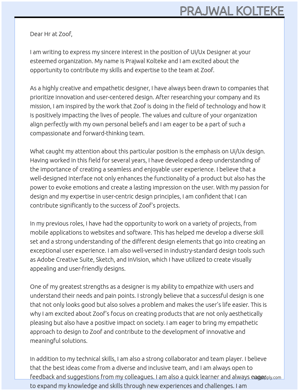 Ui/Ux Designer At Zoof Cover Letter