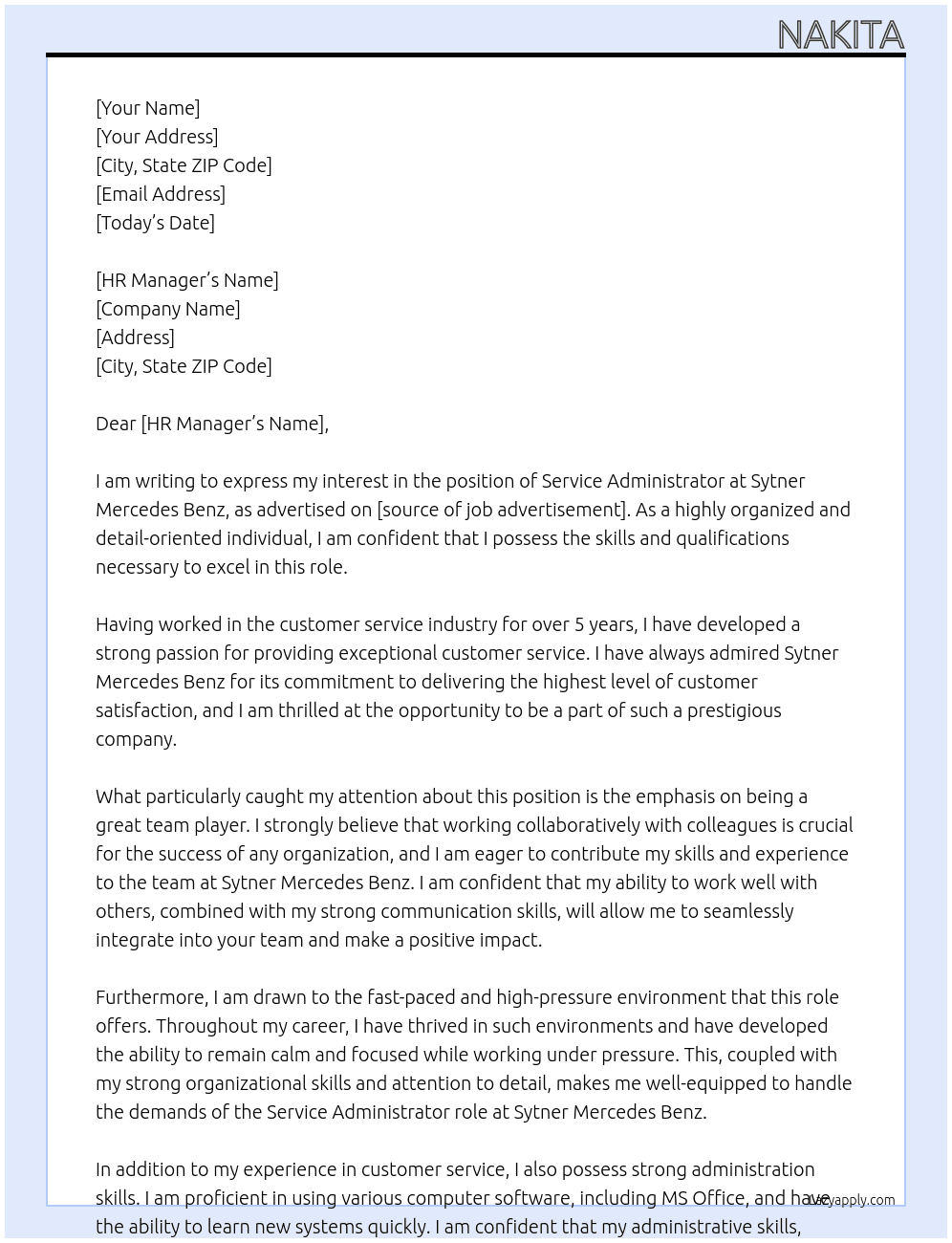 service administrator  At sytner Mercedes benz Cover Letter