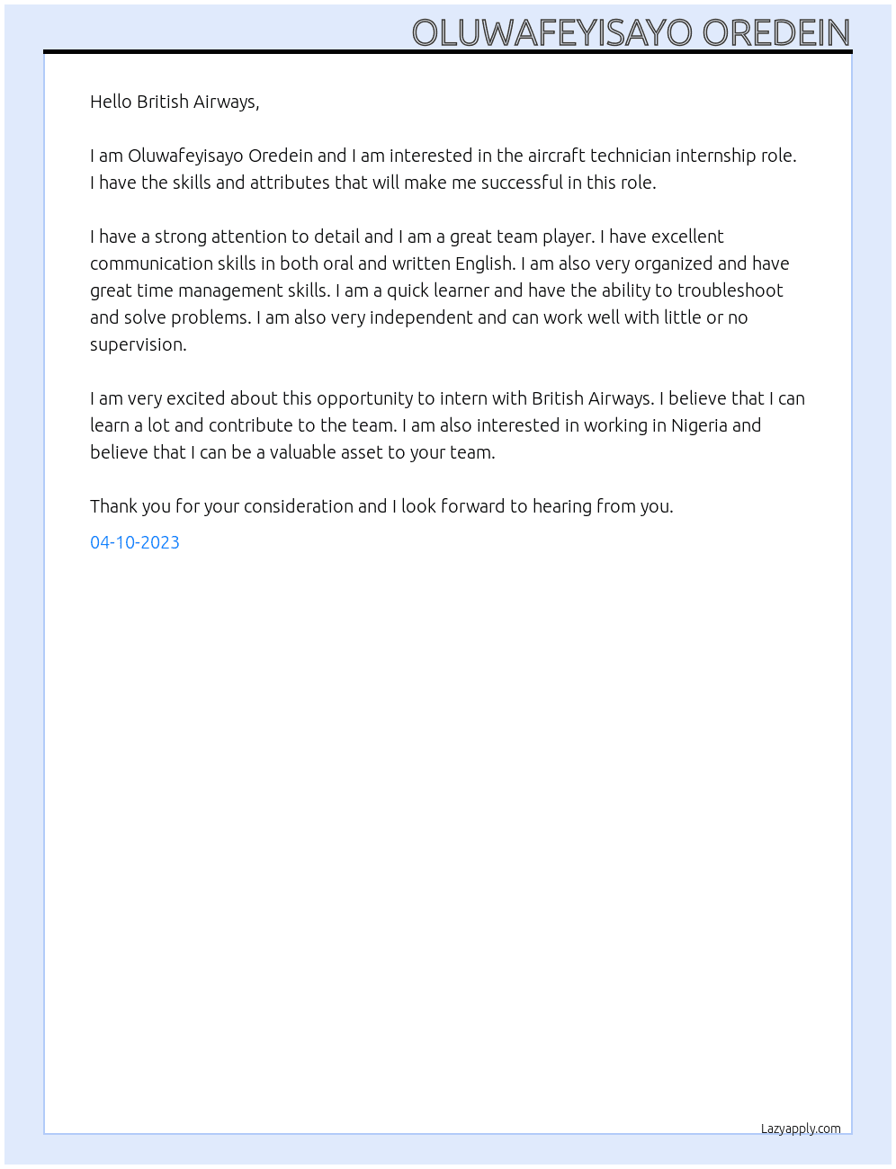 aircraft technician At british airways Cover Letter