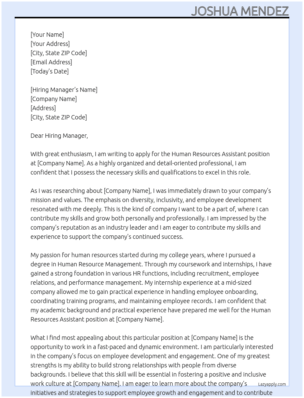 Human Resources Assistant At Human Resources Assistant Cover Letter