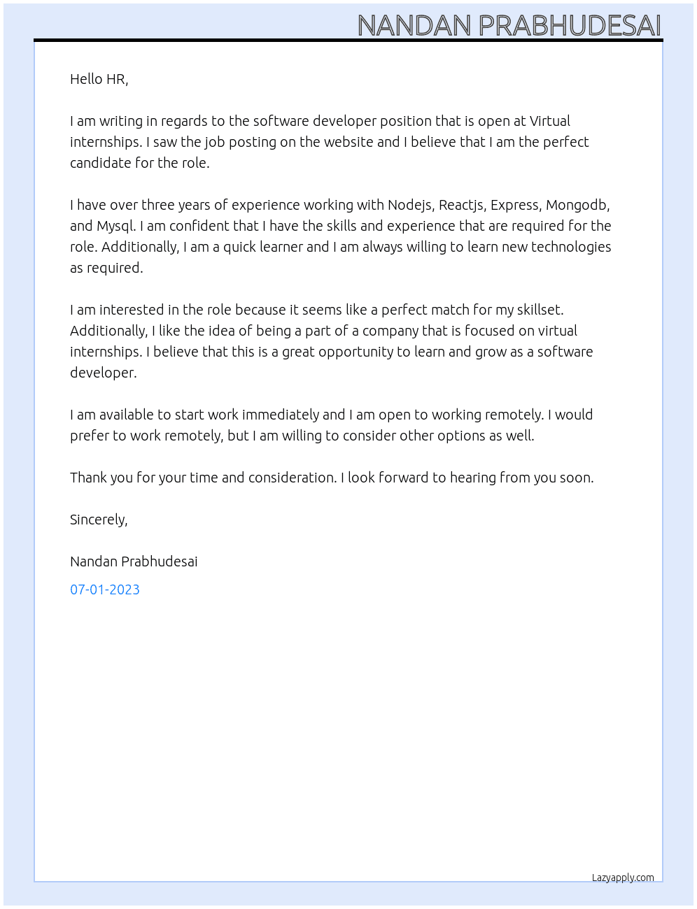 Software developer At Virtual internships Cover Letter