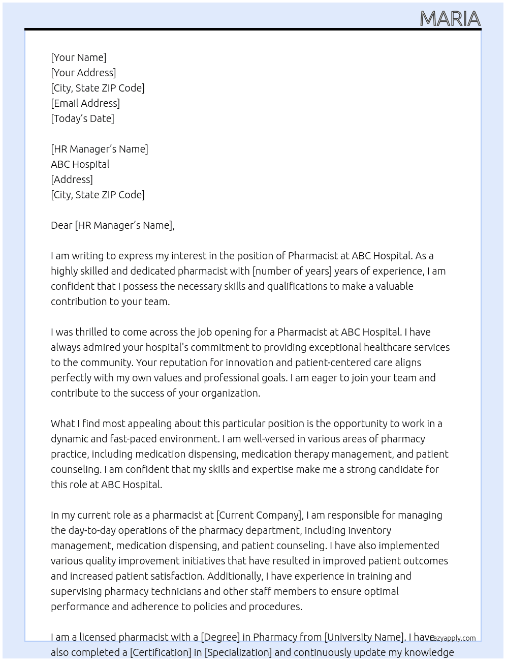 Pharmacist At ABC Hospital Cover Letter