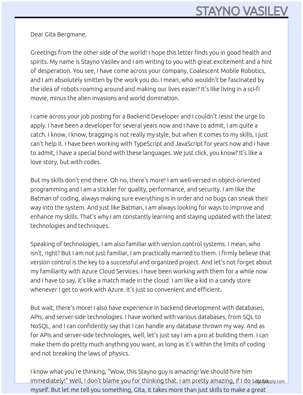 Backend Developer At Coalescent Mobile Robotics Cover Letter