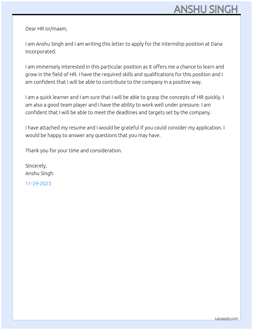 Internship  At Dana incorporated Cover Letter