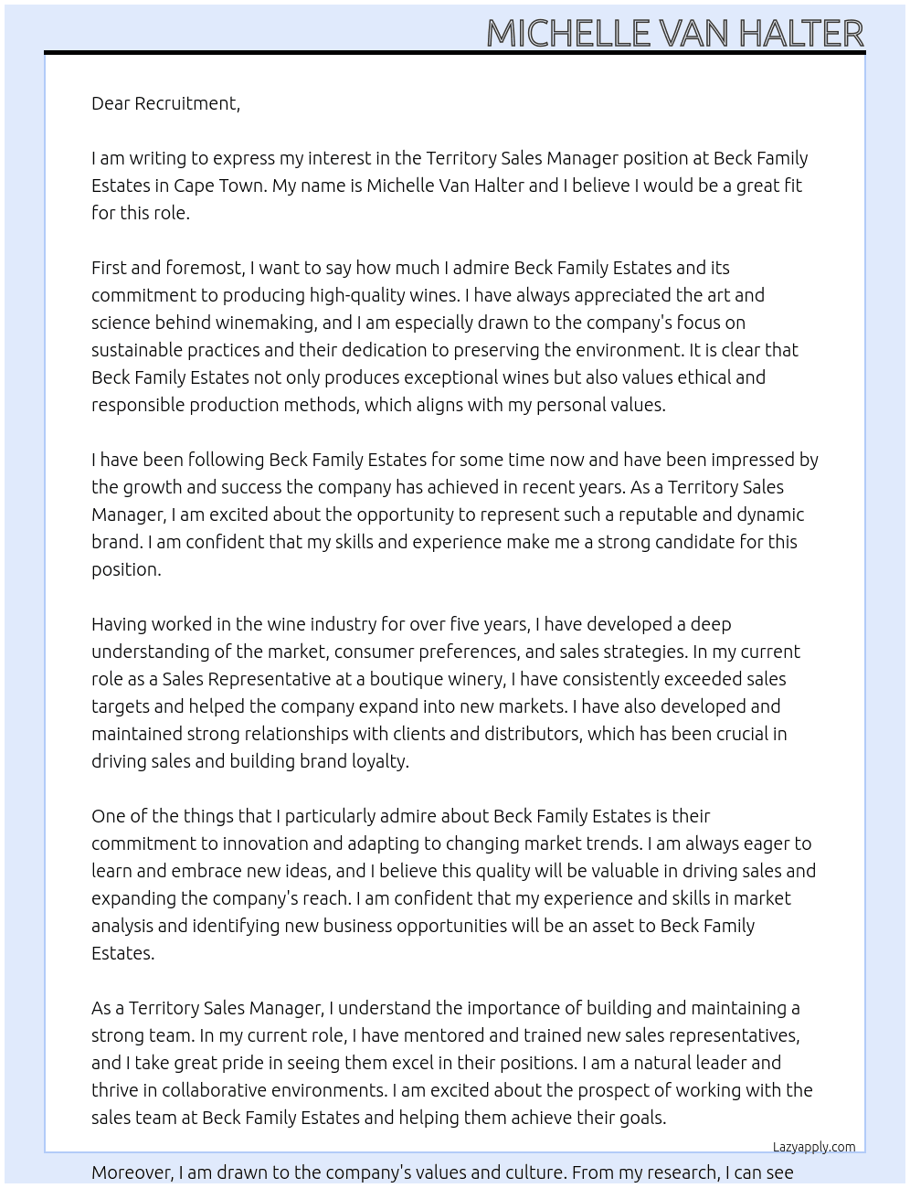 Territory Sales Manager ~ Beck Family Estates - Cape Town At Beck Family Estates Cover Letter