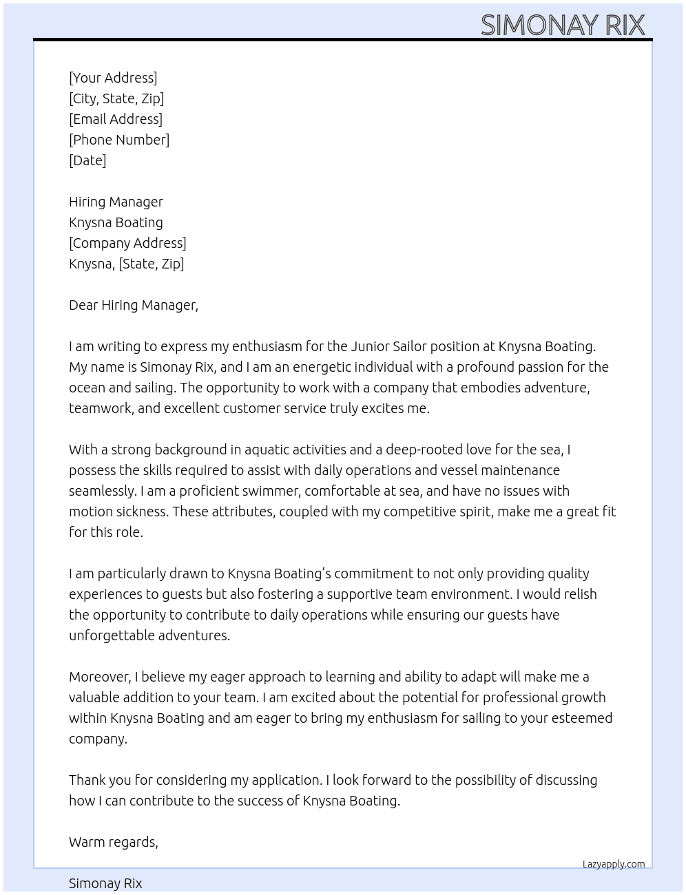 Junior sailer At Knysna boating Cover Letter