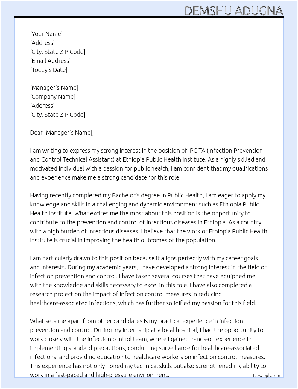  IPC TA(Infection prevention and control Technical Assistant) At Ethiopia public health institute  Cover Letter