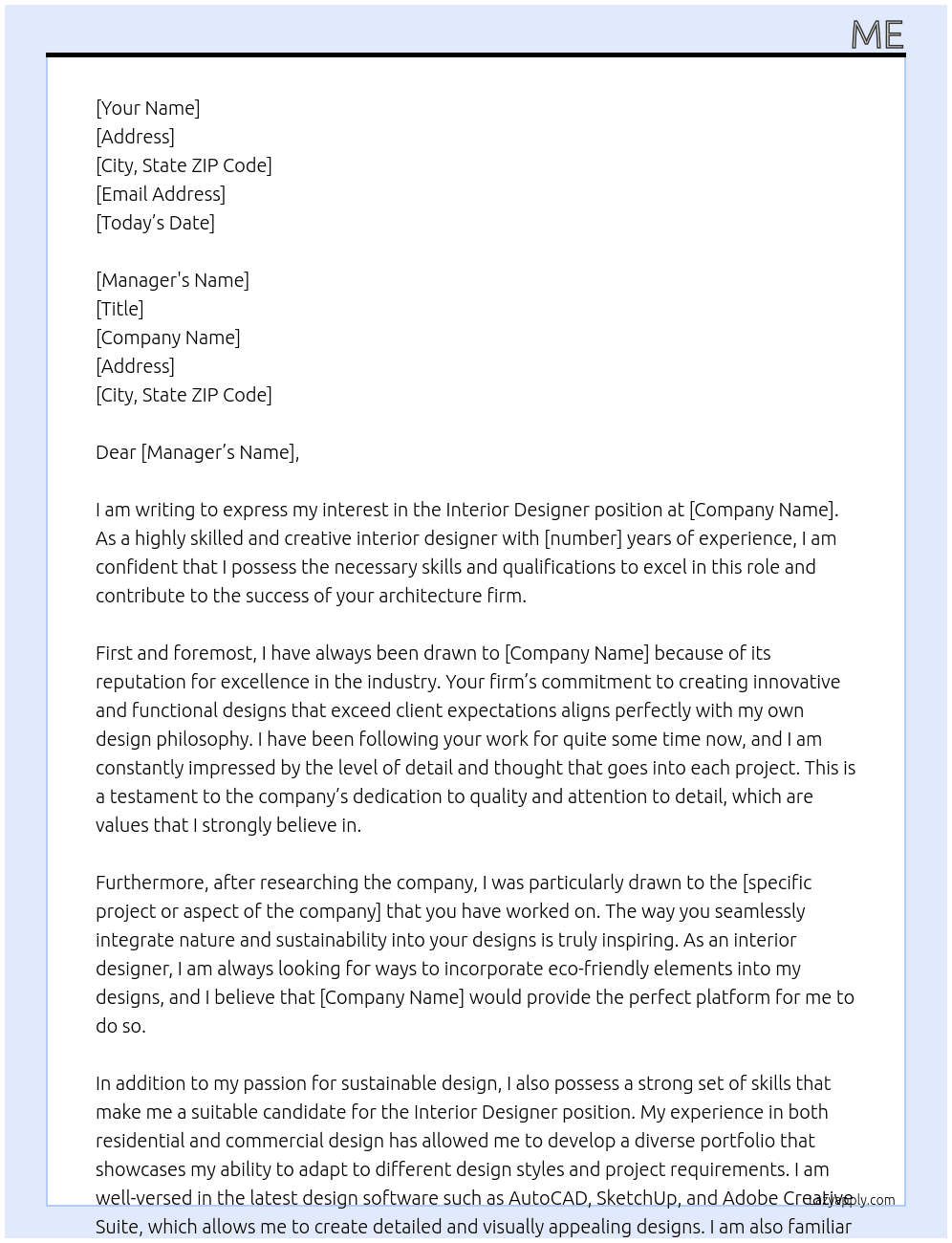 Interior designer At Architecture firm Cover Letter
