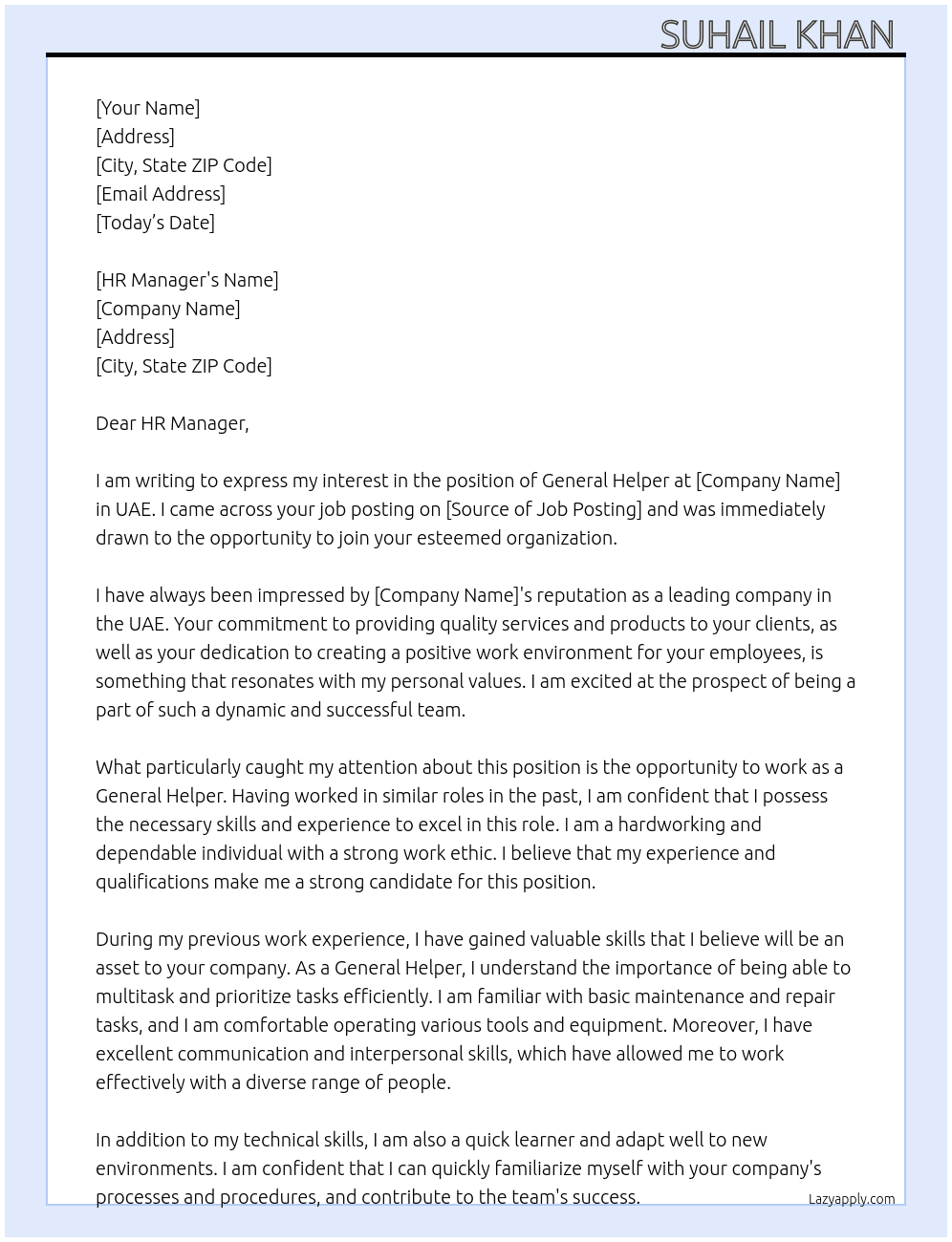 General helper  At UAE Cover Letter