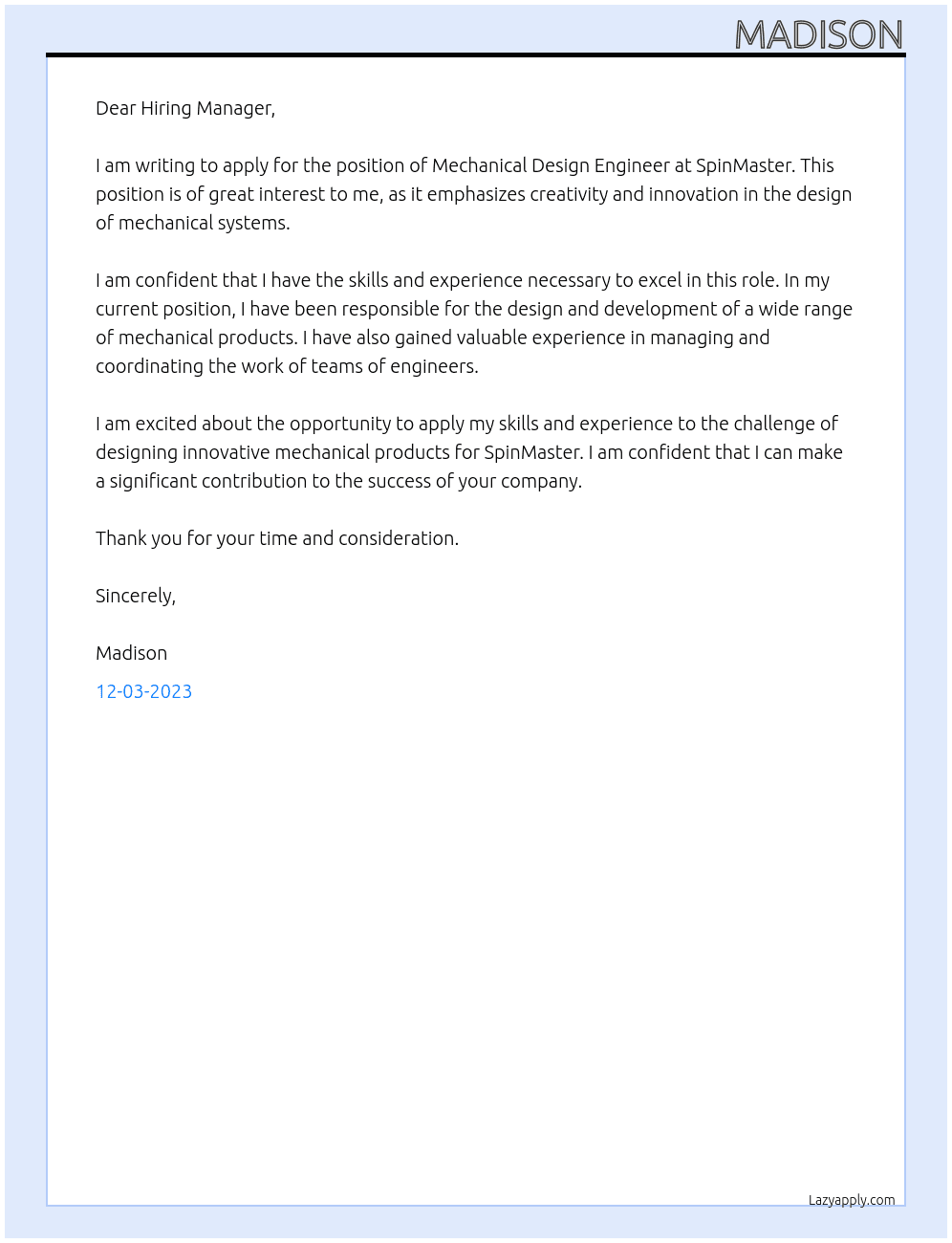 Mechanical design engineer At SpinMaster Cover Letter