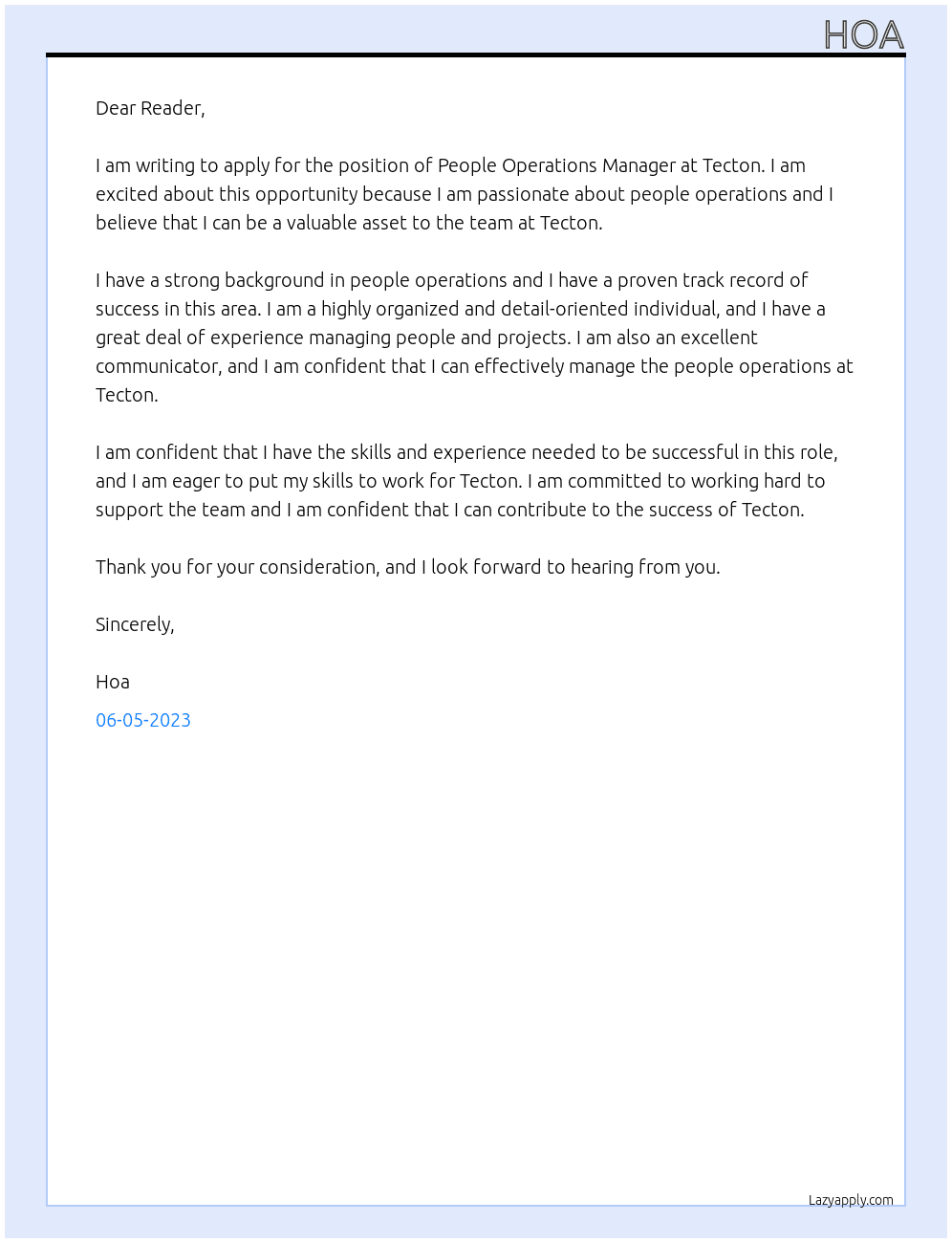 People Operations Manager At Tecton Cover Letter