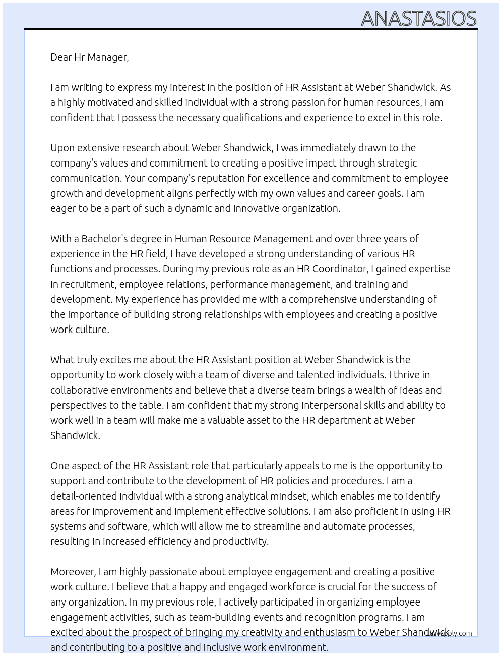 Hr assistant  At Weber Shandwick Cover Letter