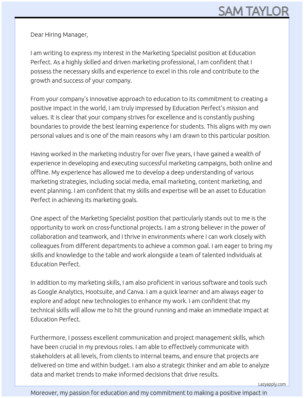 Marketing Specialist At Education Perfect Cover Letter