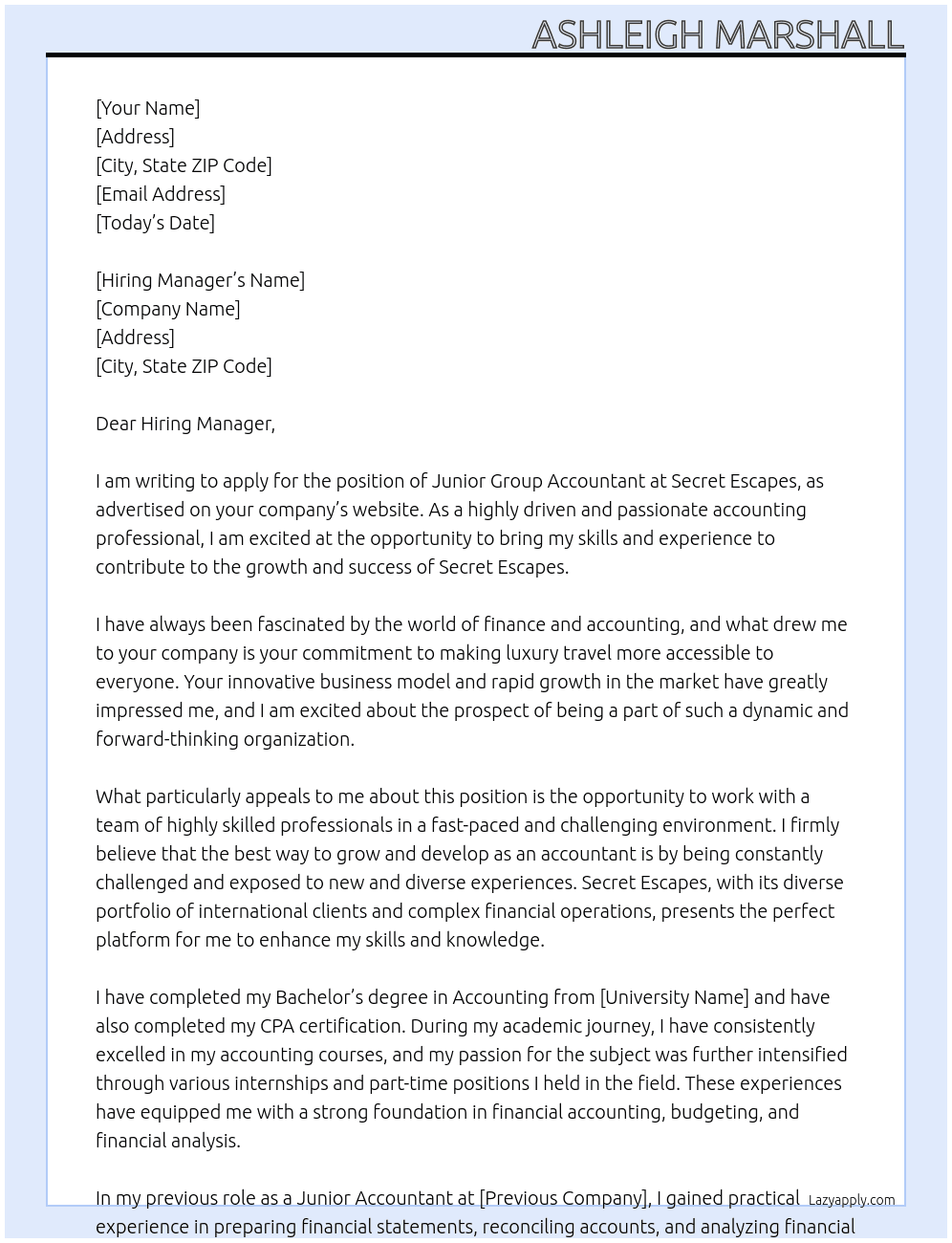 Junior Group Accountant At Secret Escapes Cover Letter
