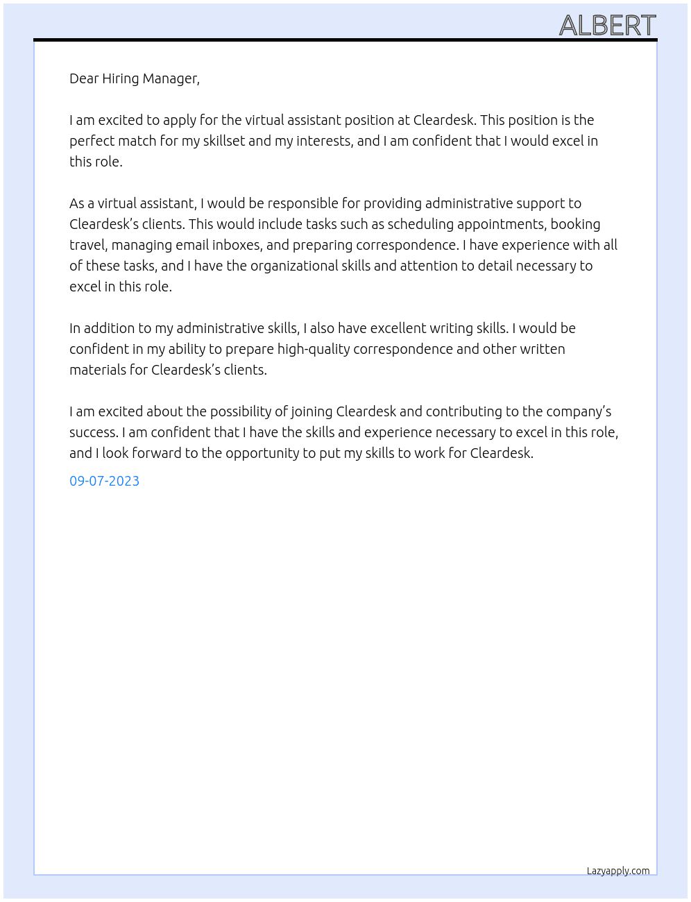 virtual assistant At cleardesk Cover Letter