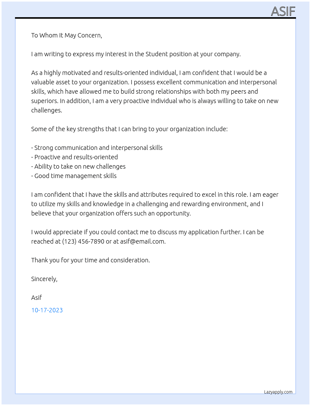 Student At School master Cover Letter