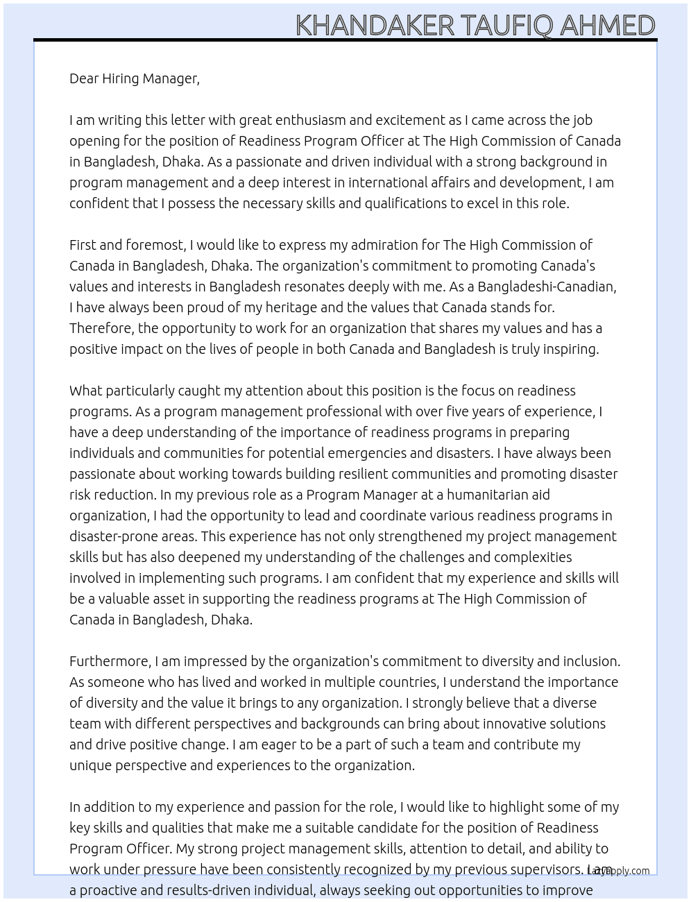 Readiness Program Officer At  The High Commission of Canada in Bangladesh, Dhaka Cover Letter
