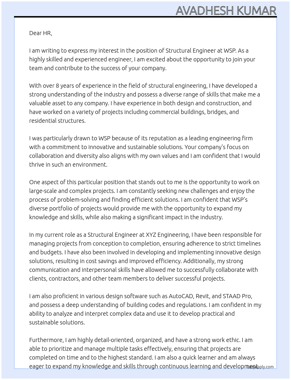 Structural Engineer At WSP Cover Letter