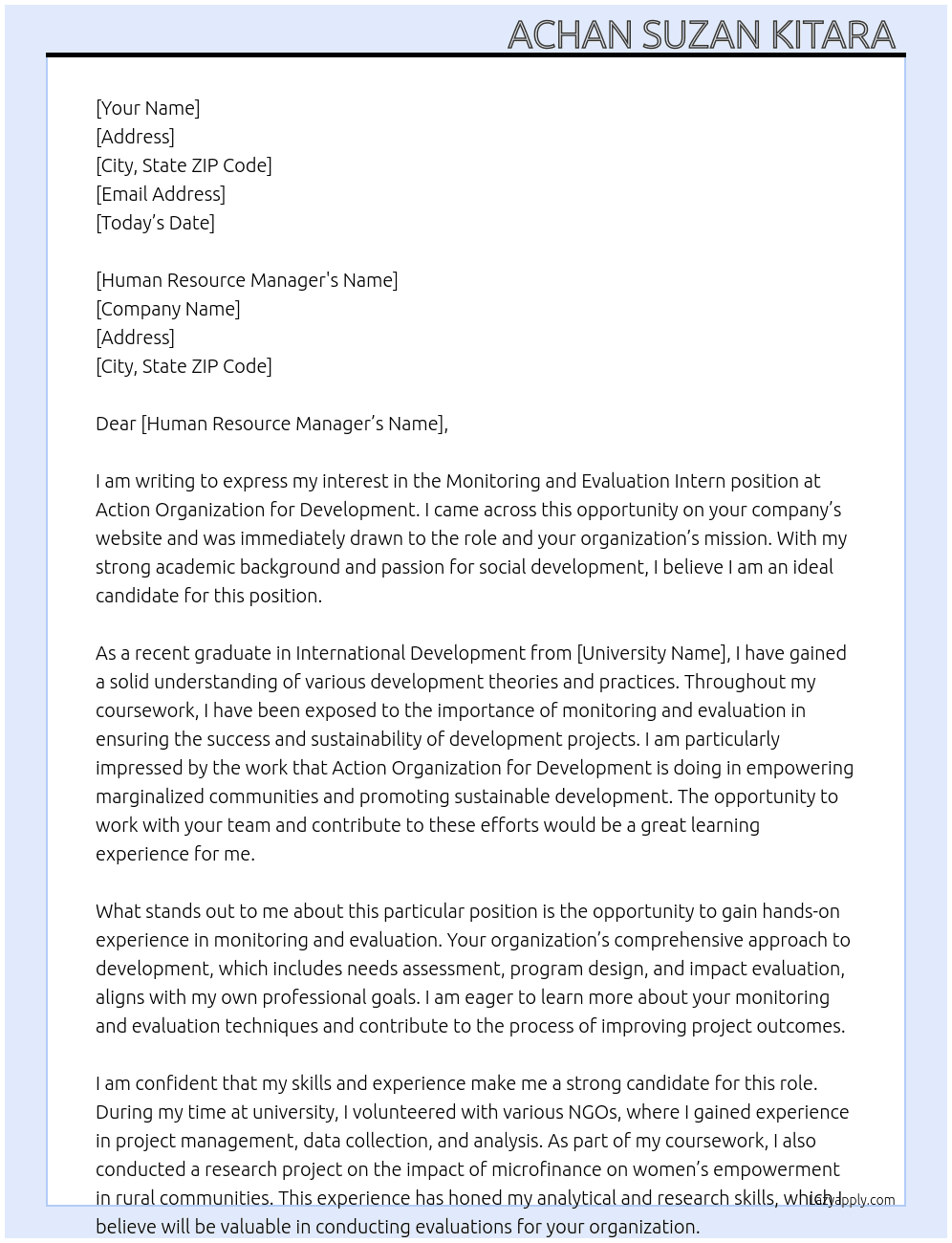 Monitoring and evaluation intern  At Action organization for development  Cover Letter