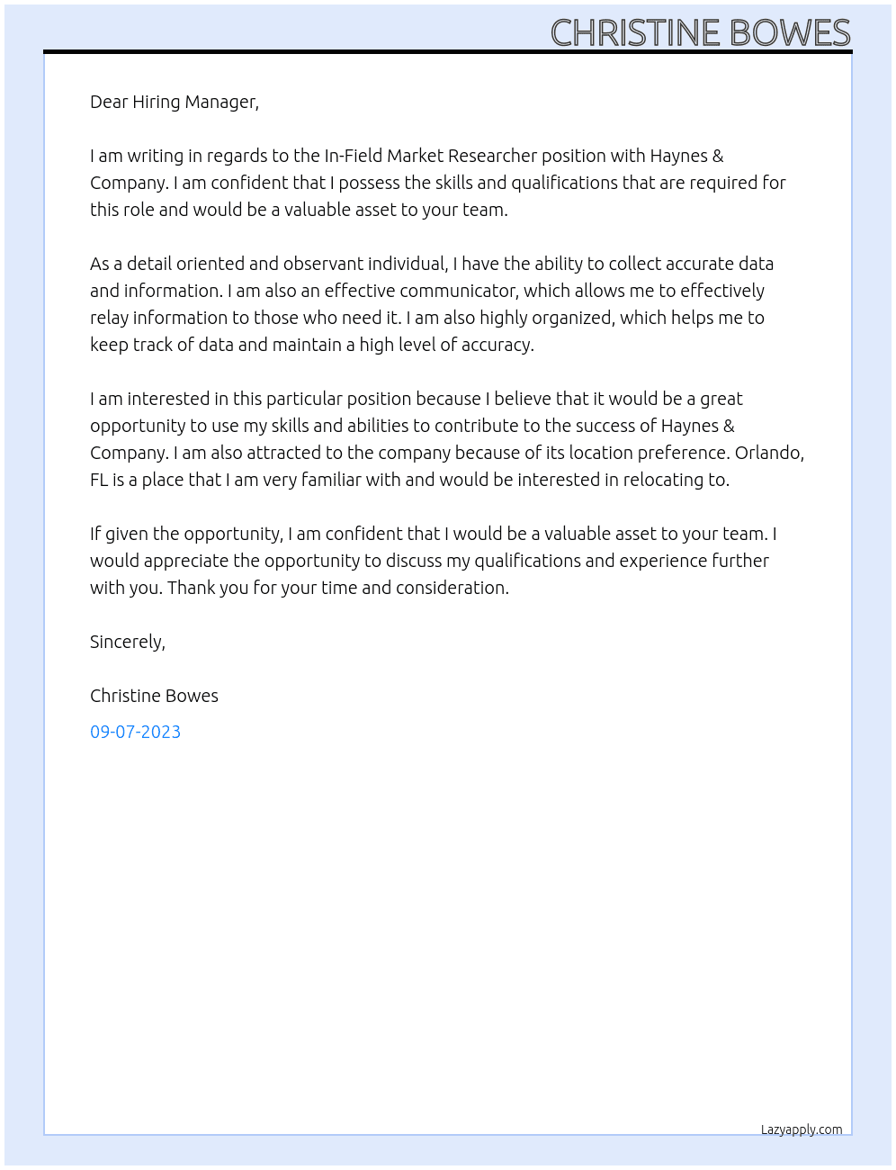 In-Field Market Researcher At Haynes & Company Cover Letter