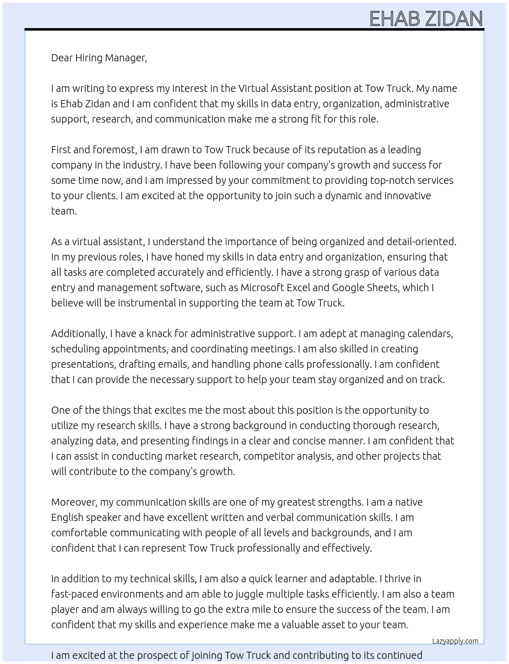 Virtual assistant At Tow Truck  Cover Letter