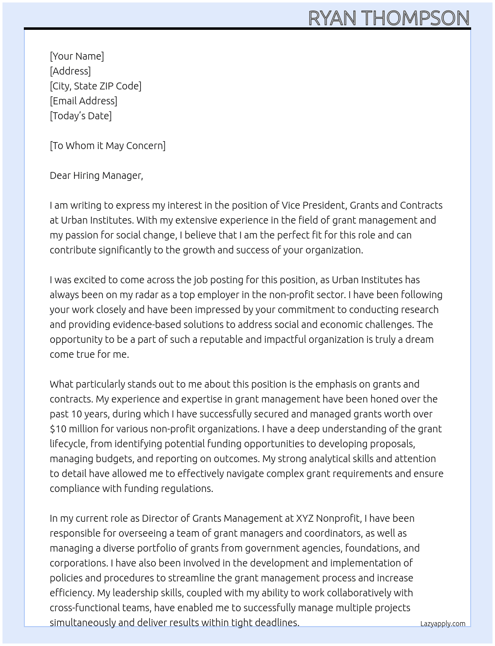 Vice President, Grants and Contracts At Urban Institutes Cover Letter