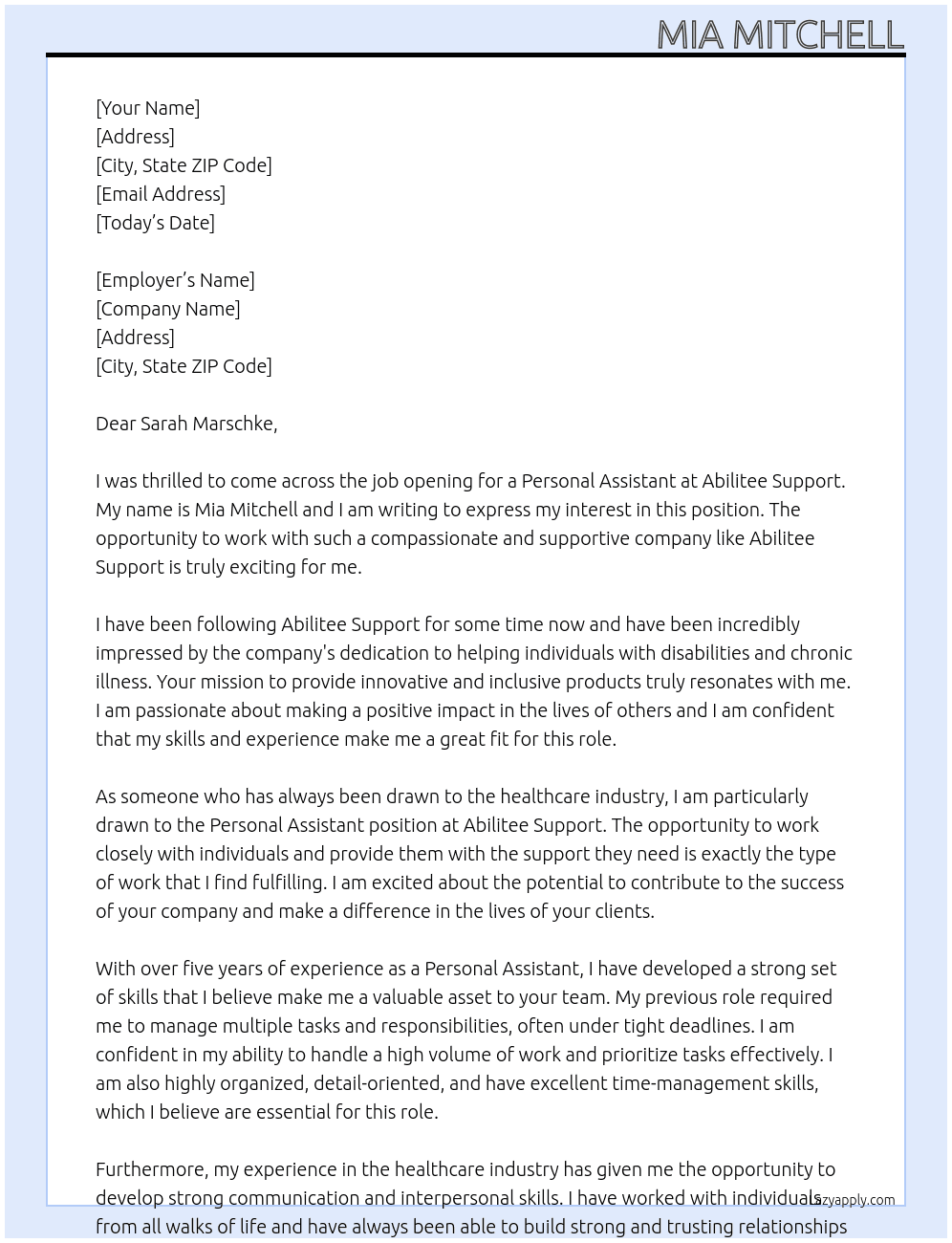 Personal Assistant At Abilitee Support Cover Letter