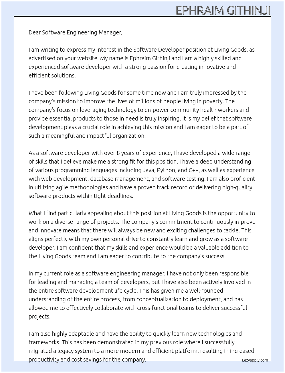 Software Developer At Living Goods Cover Letter