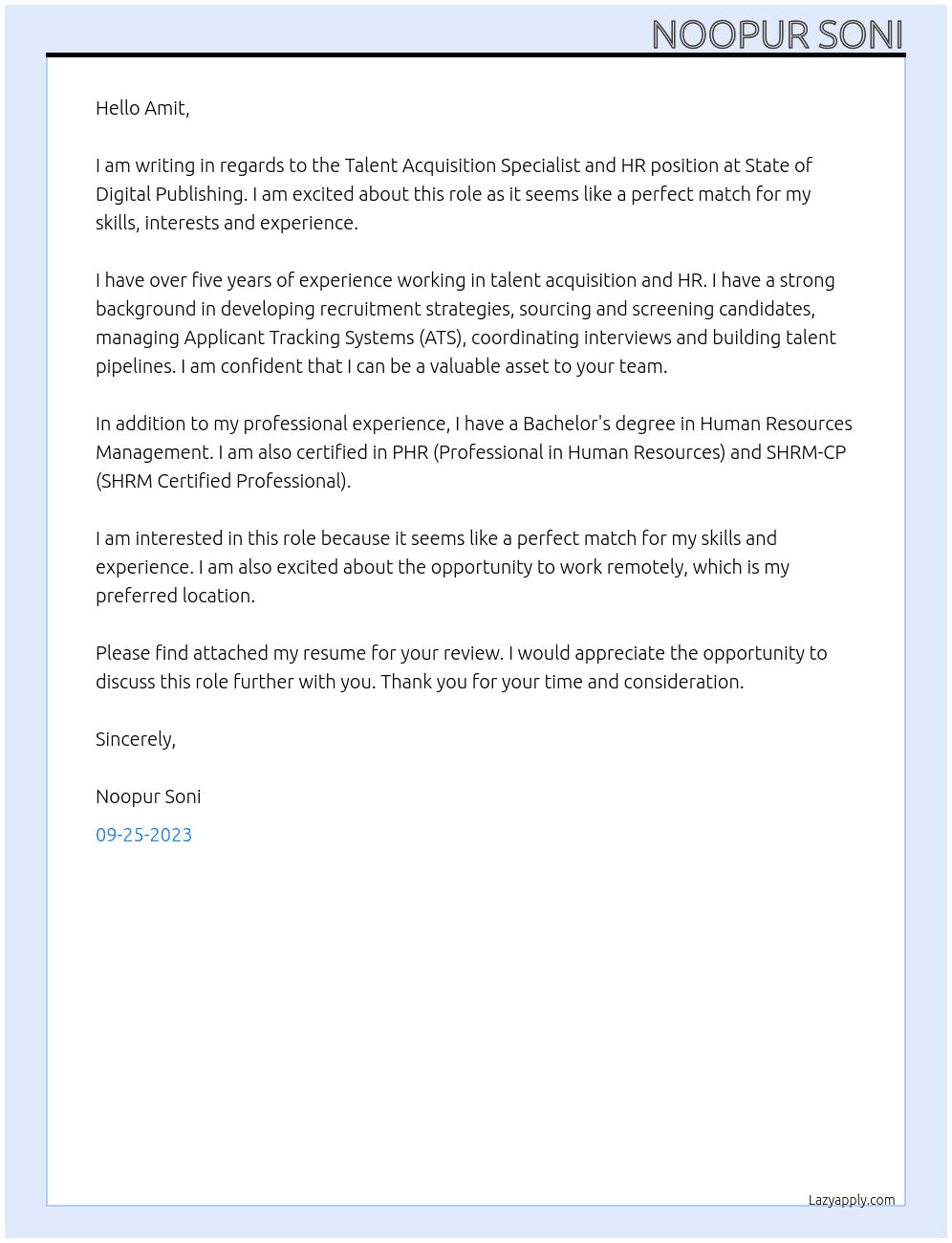 Talent Acquisition Specialt and HR At State of Digital Publishing  Cover Letter