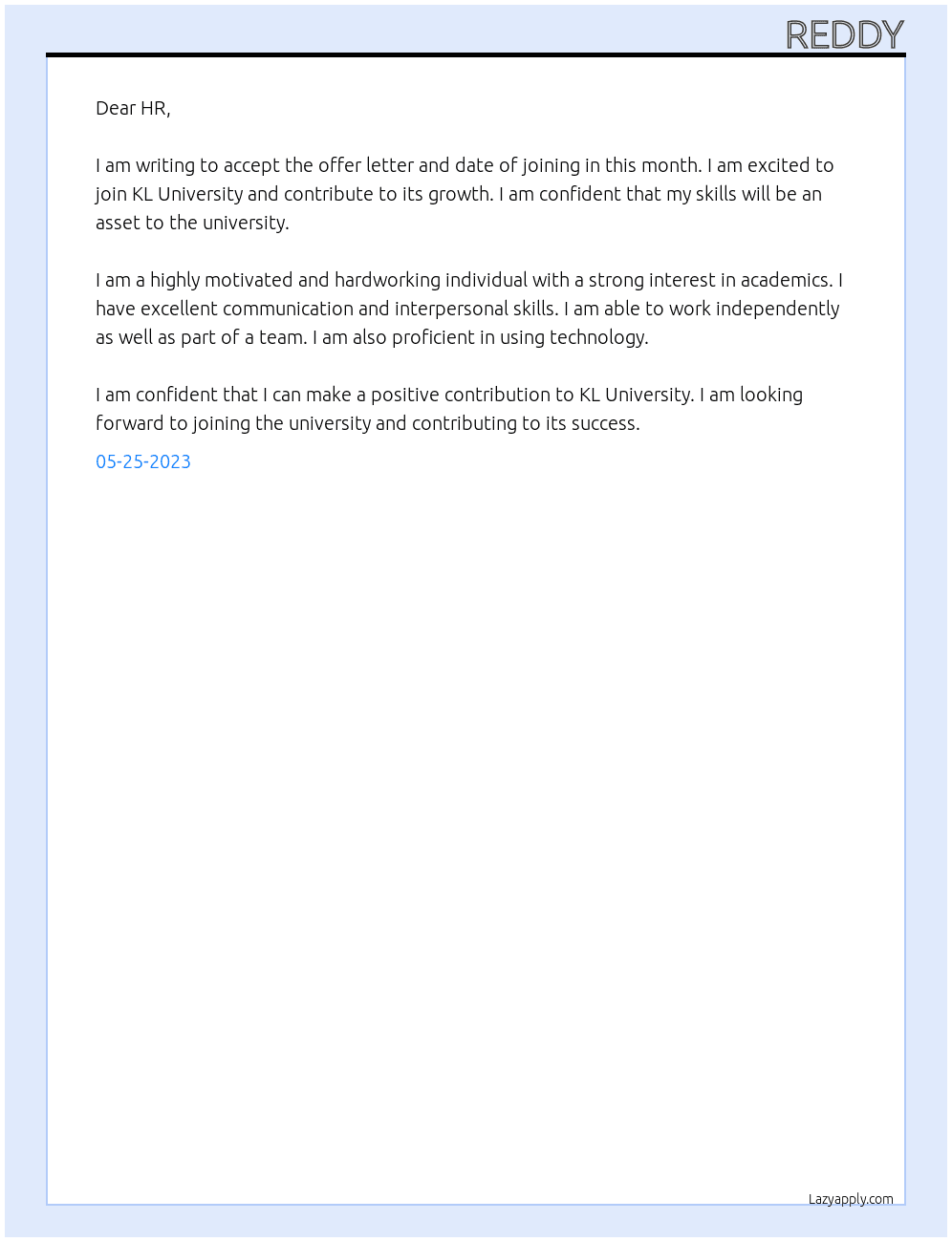 accept the offer letter and date of joining in this month At KL University Cover Letter