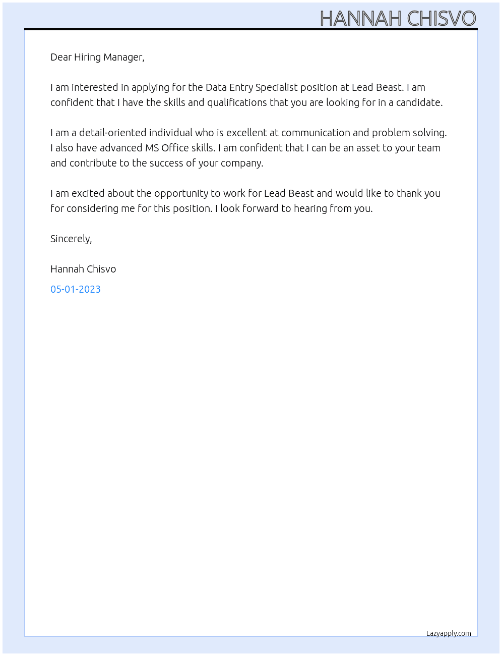 Data Entry Specialist At Lead Beast Cover Letter