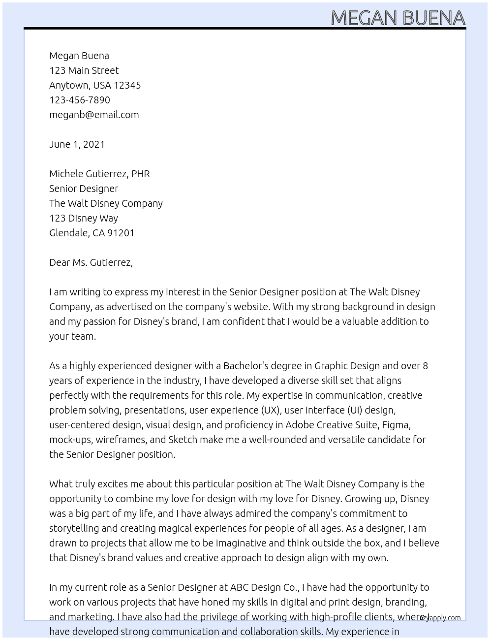 Senior Designer At The Walt Disney Company Cover Letter