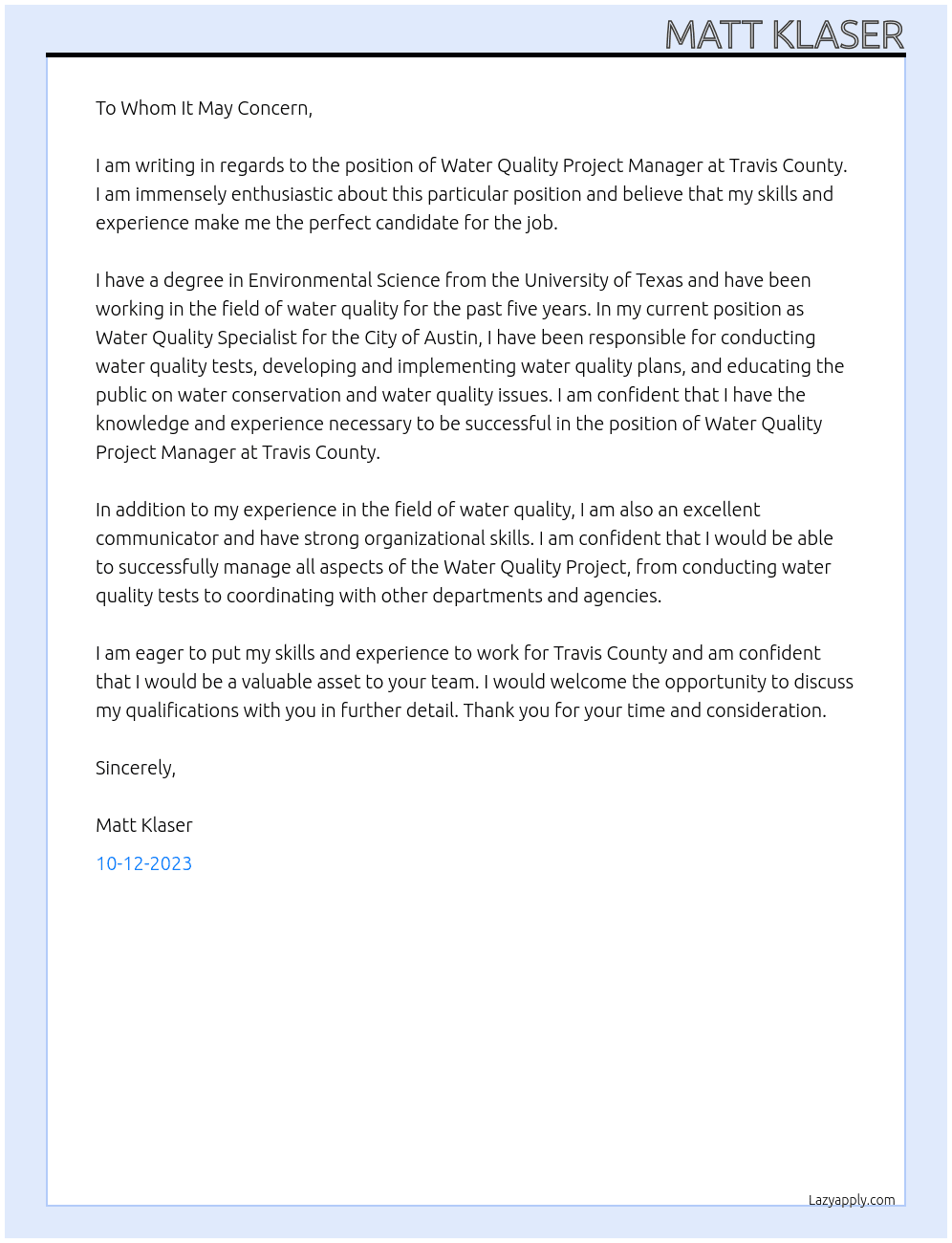 Water Quality Project Manager At Travis County Cover Letter