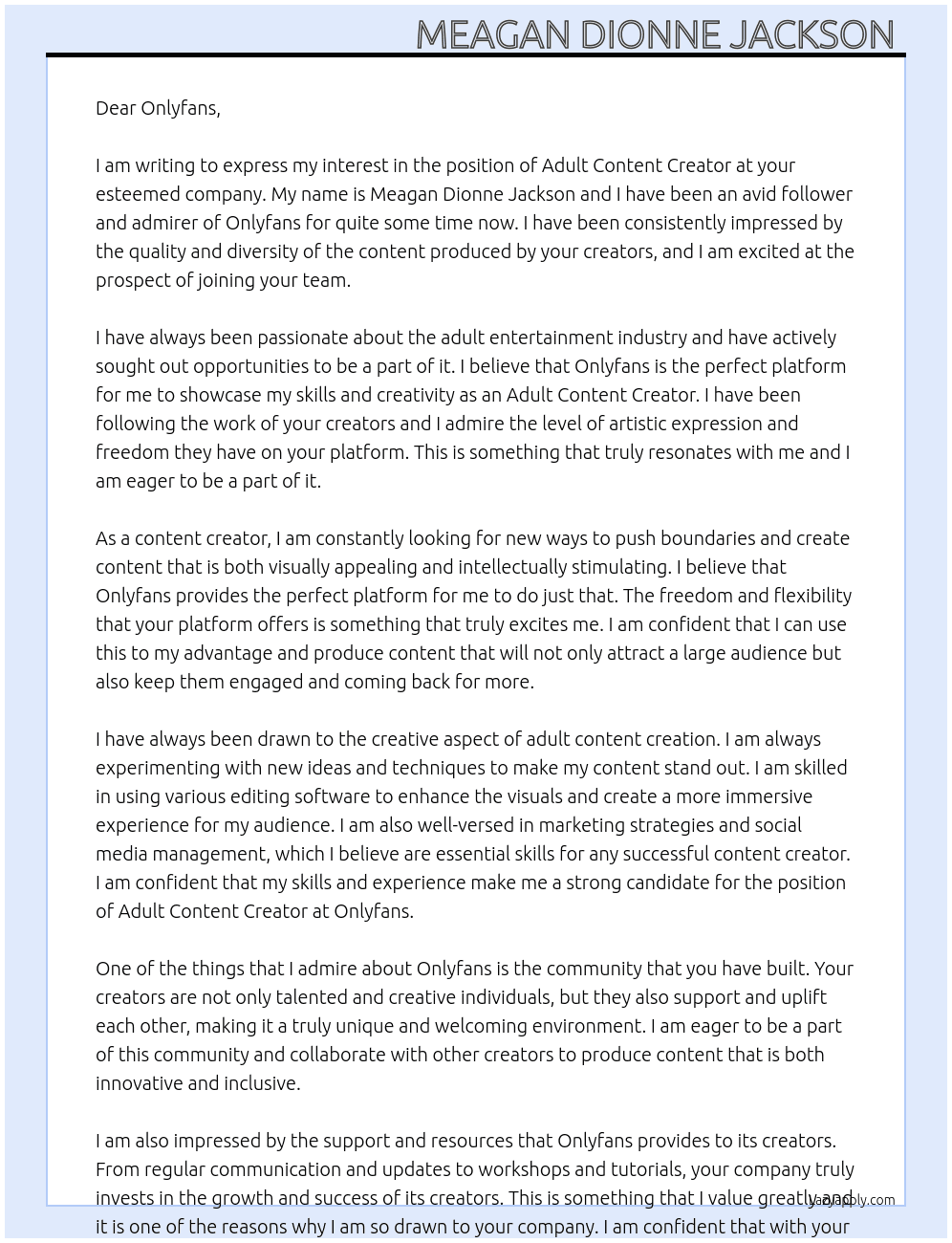 Adult content creator At Only fans Cover Letter