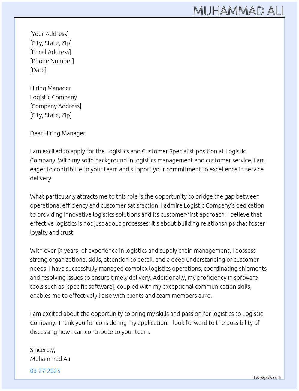 logistics and customer specilist At logistic company Cover Letter
