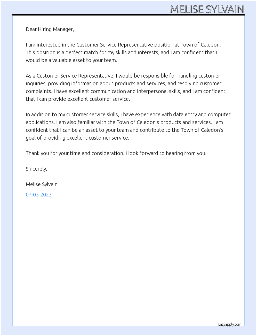 Customer Service Representative  At Town of Caledon  Cover Letter