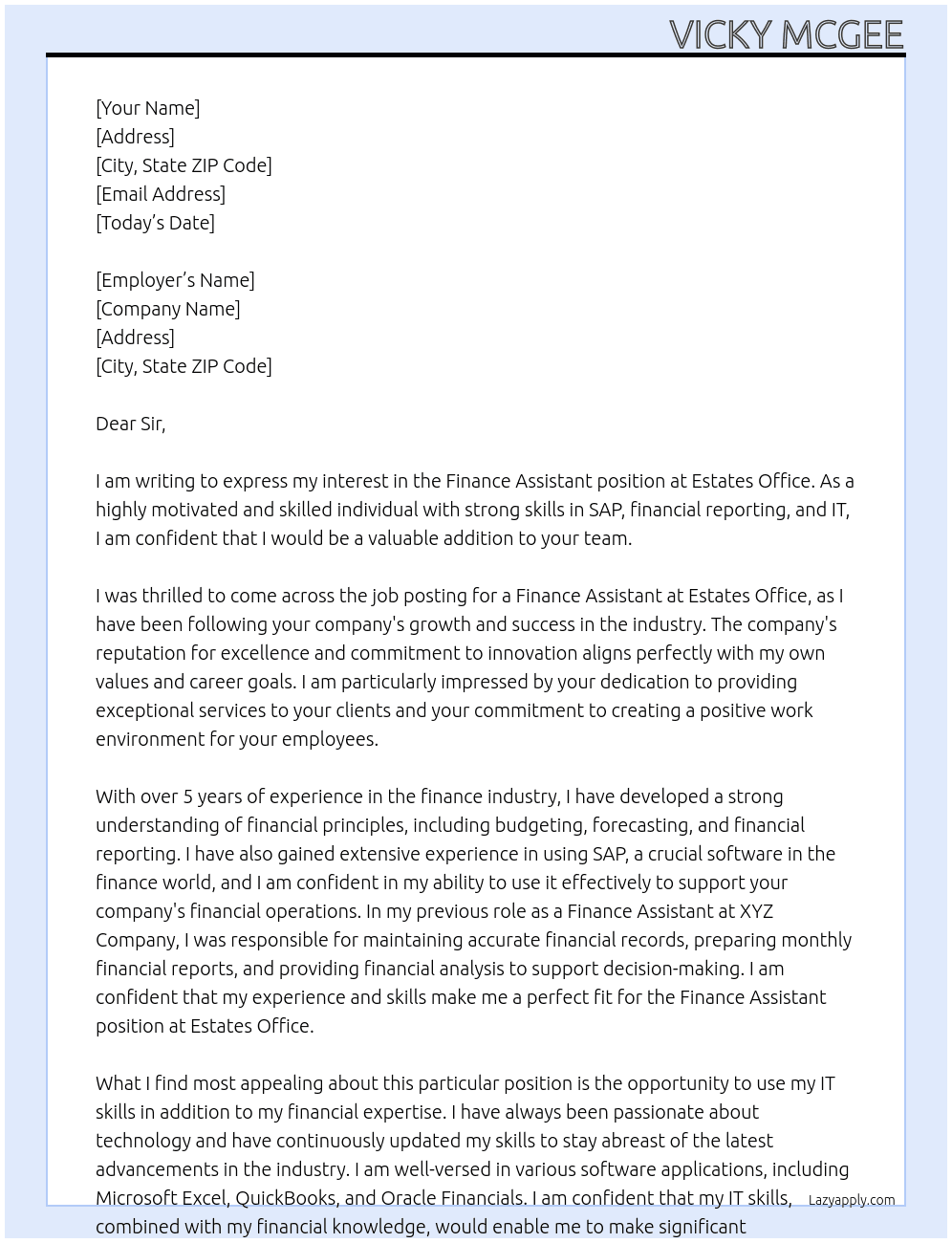 Finance Assistant At Estates Office Cover Letter