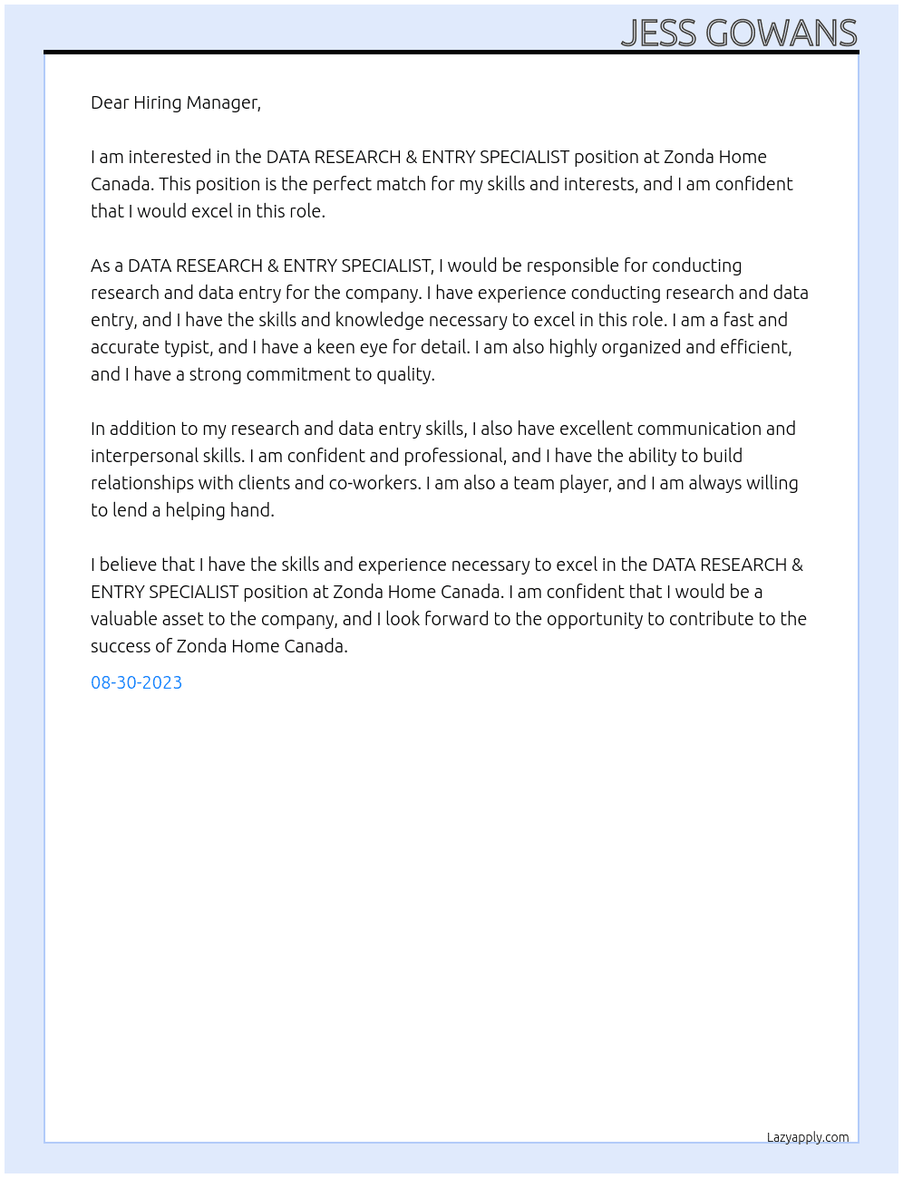 DATA RESEARCH & ENTRY SPECIALIST At Zonda Home Canada Cover Letter